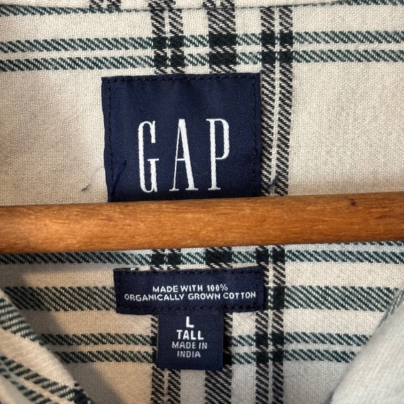 GAP Men's Flannel Shirt Large Tall Cream Black Plaid Organic Cotton Long Sleeve - Picture 6 of 6
